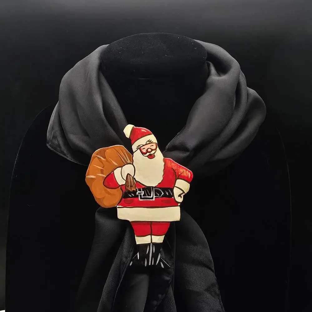 Hand‎ Painted Santa Claus Scarf Clip Slide Ring Vintage 1980s Christmas
